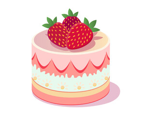 Elegant  cake with fresh strawberries and flowers pink color