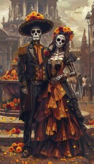 Obraz premium Elegant Day of the Dead Couple with Sugar Skull Face Paint and Large Altar in Town Square