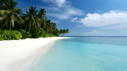 Fototapeta premium A serene beach resort with white sand and turquoise waters, surrounded by palm trees, ideal for relaxation