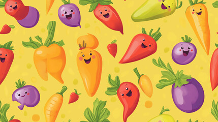 Obraz premium Cute seamless pattern featuring smiling vegetables like carrots, eggplants, and radishes on a bright yellow background. Perfect for playful and kids' projects.