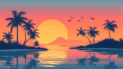 A vibrant sunset over a tropical island, with silhouettes of palm trees and a tranquil ocean, creating a peaceful ambiance on a light solid color background