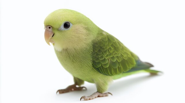 Small green parrotlet standing on a clean white background in a studio setting.