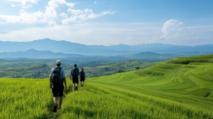 Tourists Trekking Through Scenic Isaan Rice Fields: A Journey Amidst Rolling Hills and Tranquil Greenery