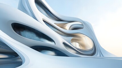 Naklejka premium A futuristic building design showcasing flowing curves and organic forms, set against a light solid color background
