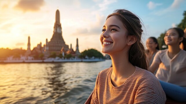 Golden Sunset Bliss: Tourists Revel in a Boat Ride Along Bangkok's Chao Phraya River, Capturing Majestic Temples and Serene Cityscape in Warm, Reflective Light