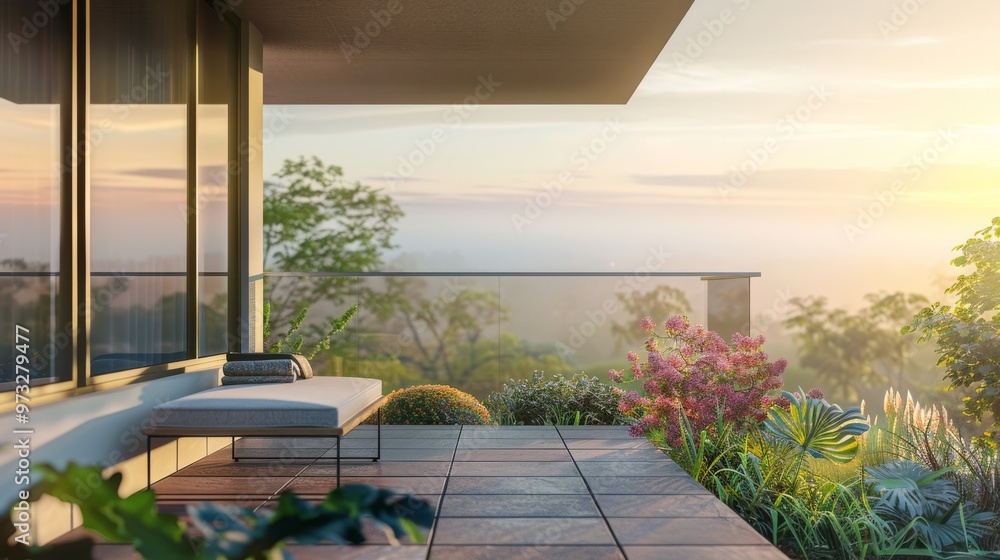 Poster modern balcony featuring a stylish bench and a sweeping view of a vibrant natural landscape. close-u