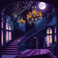 Night view of a house with halloween decoration.