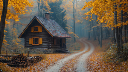 house in autumn forest ,fall season vibes, autumn scene, august seasonal stock, golden leaves