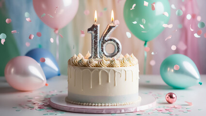 Delicious festive cake with candle number 16