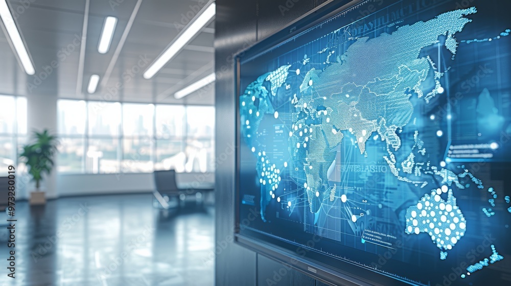 Poster Modern office workspace with a large digital world map displayed on a screen, illustrating global business connections and technology integration. Close-up photo with clean background