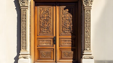 A beautifully crafted wooden door adorned with intricate carvings, set against a light solid color background, highlighting traditional architectural details