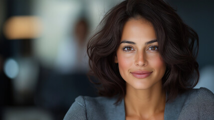 A hyper-realistic close-up of a 39-year-old Latin American woman with dark brown hair perfectly styled to frame her face, dressed in a fitted grey business dress, her poised and po