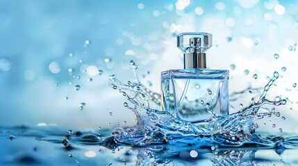 Modern perfume bottle with water splash effect on bright backdrop Close-up photo with clean background
