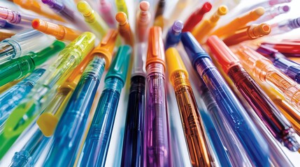 Vibrant ballpoint pens in an array of hues lie scattered against a pristine white canvas, their tips poised to unleash a symphony of colors onto the world. 