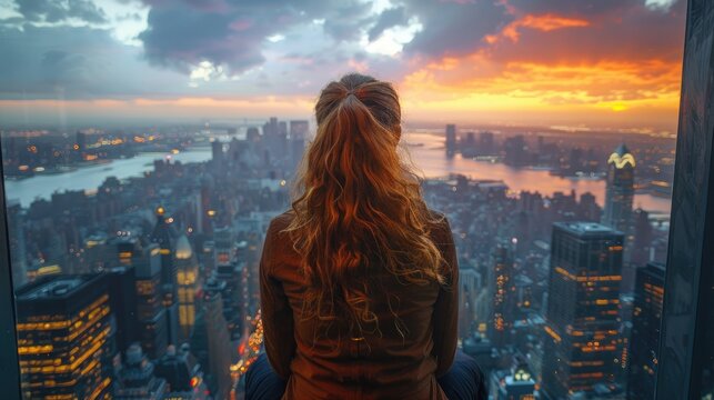 Fototapeta A woman with wavy hair seen from the back, sitting and contemplating a sprawling cityscape as the setting sun paints the sky with vibrant hues and shadows.