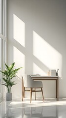Fototapeta premium A serene indoor workspace with a stylish desk, natural light streaming in, and a soft solid color wall providing copy space