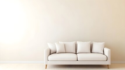 A cozy indoor living room featuring a modern sofa with a light solid color backdrop and ample copy space for text