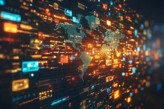 Abstract digital world map with data streams and glowing interfaces, representing global connectivity and technology.