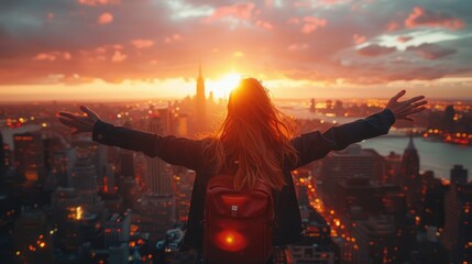 A traveler on a rooftop balcony spreads their arms wide, embracing the sunset-lit cityscape beneath, symbolizing wanderlust, freedom, and the awe of urban beauty.