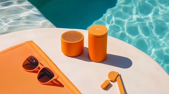 Vibrant orange beach essentials bask in the sunshine beside an inviting pool. Sun cream shields skin from harmful rays, stylish sunglasses protect eyes