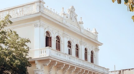 A beautifully preserved historic building with intricate architectural details, set against a light solid color background, showcasing its grandeur and elegance