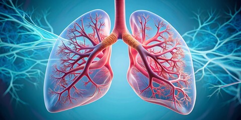 A 3D illustration of healthy pink lungs with bronchi and alveoli, surrounded by delicate blood vessels and highlighted
