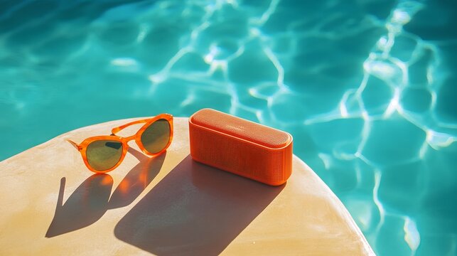 Vibrant orange beach essentials bask in the sunshine beside an inviting pool. Sun cream shields skin from harmful rays, stylish sunglasses protect eyes