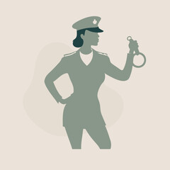 a beautiful policewoman holding with a handcuff, vector silhouette illustration,  