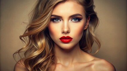 Fototapeta premium A beautiful young adult female with full, plump, and luscious lips, posing confidently with smooth skin and vibrant makeup against a neutral background.