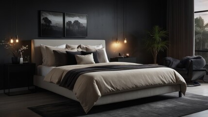 Very luxurious bedroom in gray colors with romantic lighting