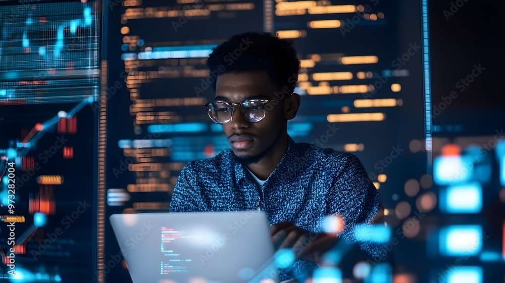 Wall mural a focused individual coding on a laptop, surrounded by digital displays and tech gadgets, emphasizin