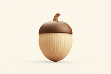 Minimalist 3D illustration of a perfectly smooth acorn with a glossy brown cap and textured beige body, isolated on a soft, neutral background, symbolizing nature and autumn themes