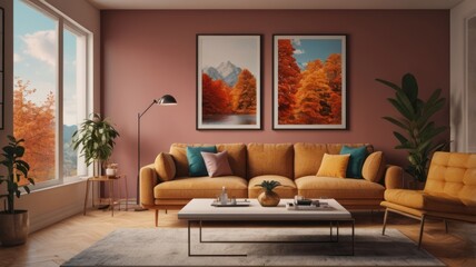 Scandinavian living room with mustard sofa in autumn edition, romantic evening with mood lighting