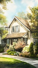 A realistic sketch of a cozy residential home with a garden, showing textures and depth on a soft pastel background