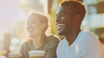 Two friends sharing laughter and exchanging ideas over coffee at a cafe, with a blurred light solid color background