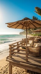 Fototapeta premium Wood terrace on the beach and sun light