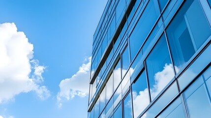 Obraz premium A close-up of a modern bank building with large glass windows reflecting the sky, showcasing a sleek architectural design