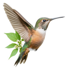 Fototapeta premium PNG Hummingbird in mid-flight near green leaves