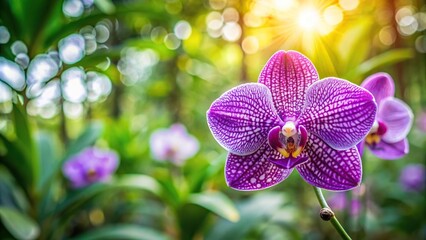 Closeup shot of Aranda Moonlight orchid flower isolated on green background in greenhouse orchid garden aerial view
