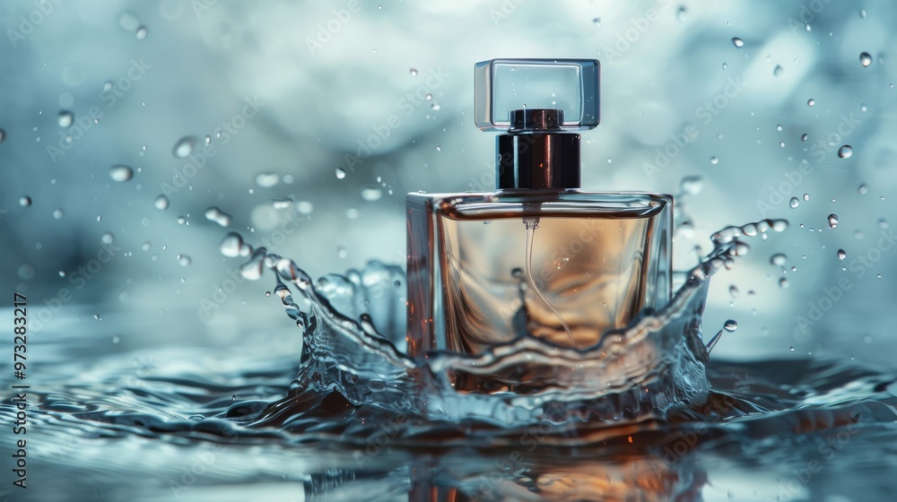 Poster perfume bottle amidst water splash on minimalistic light background close-up photo with clean backgr