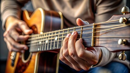 Obraz premium A close-up shot of a guitar player's hand pressing fingers on the fretboard, forming an F minor chord, with strings and tuning pegs in focus.