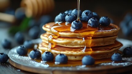 Delicious Stack of Fluffy Pancakes with Fresh Blueberries and Dripping Maple Syrup for a Perfect Breakfast