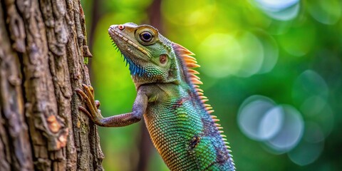 Obraz premium Closeup shot of Indian chameleon climbing on tree in forest