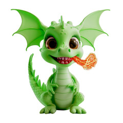 Obraz premium Bright 3D illustration of a cute green baby dragon exhaling a small flame. The dragon has big expressive eyes, pointed wings and a playful expression, making it seem both fierce and charming.