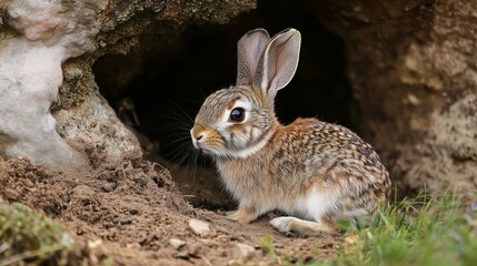 Fototapeta premium A rabbit peeks out from its burrow in a natural setting during daylight hours