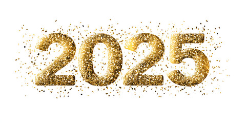 Happy New Year 2025 greeting card element on white background. Festive Christmas design. Gold numbers with realistic glitter texture