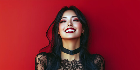 Portrait of a young asian woman dressed as a vampire. Beautiful vampire girl in black dress with fangs and red lips