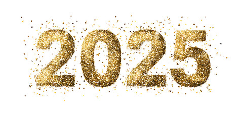 Happy New Year 2025 greeting card element on white background. Festive Christmas design. Gold numbers with realistic glitter texture