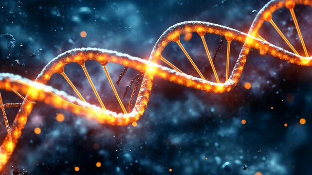 A burning DNA double helix rotates slowly in a dark blue environment.