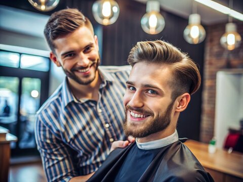 A confident young adult with a strong jawline and bright smile receives a fashionable fade haircut from a